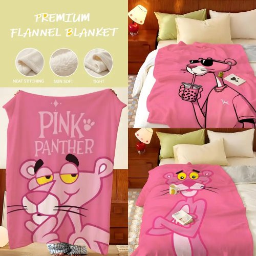 Cartoon Pink Puma Flannel Throw Blanket - Lightweight, Cozy, Durable & Machine-Washable