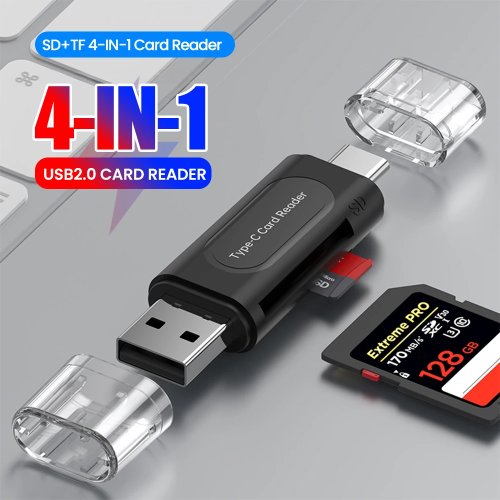 4‑in‑1 USB‑C kaartlezer (SD/microSD) voor iPhone 15/16, pc & laptop — USB 2.0 adapter