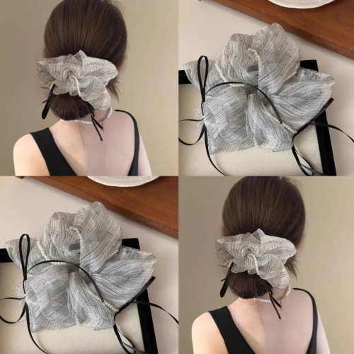Tüll-Haargummi mit Schleife und Perlen – Elegantes Damen-Haarband (1 Stück)