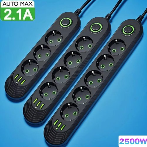 Regleta 2500W con enchufe europeo, puertos USB y filtro de red (RJ45), cable de extensión