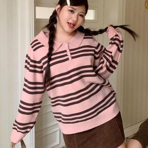เสื้อสเวตเตอร์ไหมพรม YUZI ลายทางสีชมพู คอเสื้อ ทรงหลวม ผ้าสีบล็อก ไซส์ใหญ่ แฟชั่นผู้หญิง สำหรับฤดูใบไม้ร่วง/หนาว สไตล์ลำลอง
