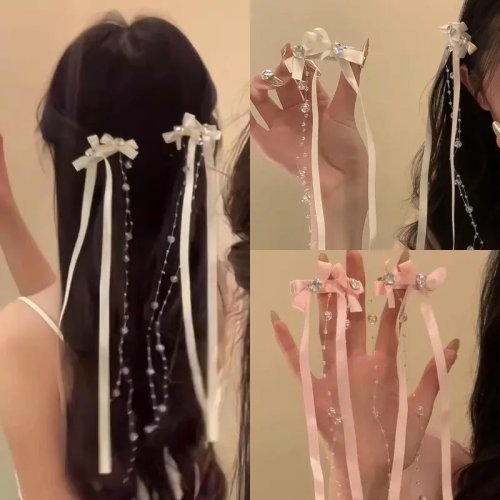 Pinza de pelo con lazo de cinta, cuentas de cristal y borla — estilo coreano Y2K, color liso, clip lateral para mujer y niña (para fiesta)
