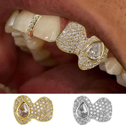 غريلز أسنان مزدوج كامل Iced-Out مرصع بأحجار CZ — أغطية أسنان من الزركون للرجال والنساء