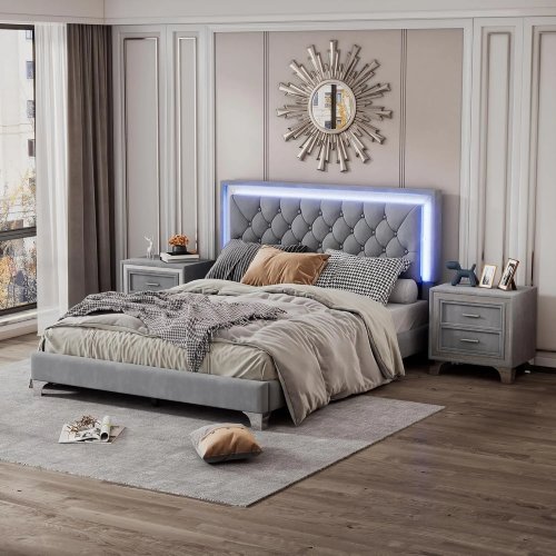 طقم غرفة نوم 3 قطع Harper & Bright Designs - سرير منصة مقاس كوين بتنجيد مخملي مع رأس سرير كابيتوني وإضاءة LED، قابل للتخصيص