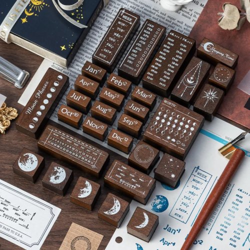 Conjunto de 30 carimbos de madeira calendário perpétuo – semanas e meses, estilo vintage