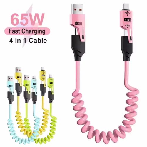 كابل شحن وبيانات قابل للسحب 4 في 1 بنابض 65W/6A USB‑C تلسكوبي للشحن السريع لهواتف iPhone 16/15/14/13