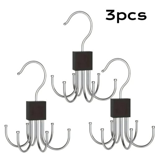 Suporte giratório de madeira natural premium — cabide de roupeiro com ganchos em aço inox para cintos, lenços e bijuteria, anti-emaranhamento