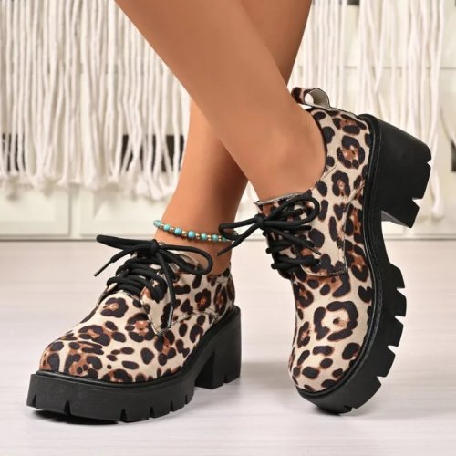 Scarpe donna stringate alla moda, comode, punta tonda, tacco quadrato, suola spessa — primavera/autunno