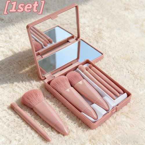 Set de 5 brochas de maquillaje rosa con espejo compacto — cerdas suaves para rubor, ojos y base