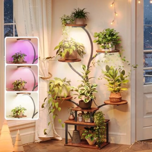 Scaffale porta piante 130 cm, 8 ripiani con luci di crescita, supporti per vasi grandi, tubi curvi, 3 modalità di illuminazione