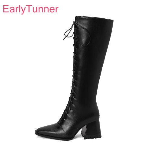 Stivali donna invernali al ginocchio stile biker stampa leopardata nera, tacco 7,5 cm, per feste, taglie grandi fino a US 11 / EU 48