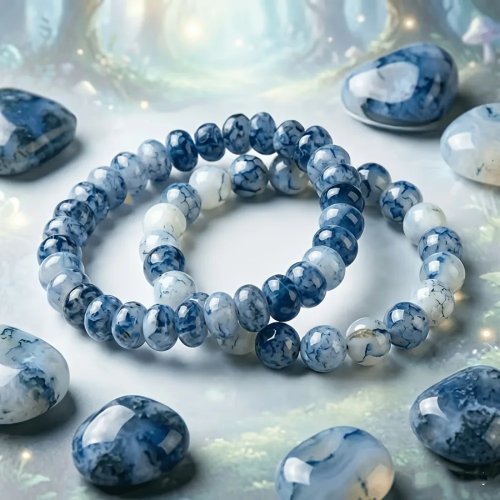 Gelang stretch 1 pc motif titik biru & manik-manik putih, kombinasi oval dan bulat - Hadiah Valentine/Natal