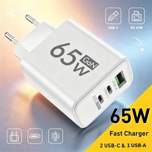65W USB‑C 고속 충전기 (PD, QC3.0) US/EU 플러그 포함 — 휴대용 벽면 어댑터 (iPhone, Samsung용)