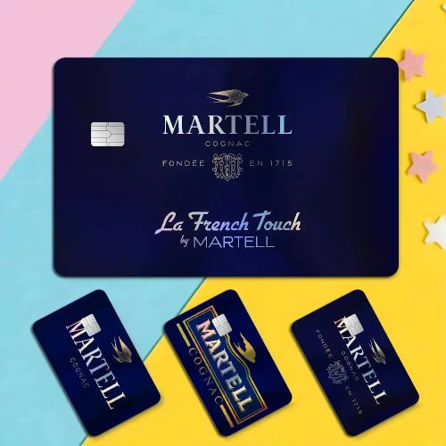 Adesivi logo M‑Martell effetto laser olografico lucido per carte bancarie — decorazione quotidiana