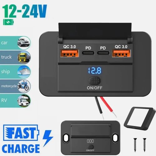 Adattatore presa accendisigari 12V/24V con interruttore — splitter 2–4 porte USB PD/QC3.0, caricatore per auto, camper, camion, barca