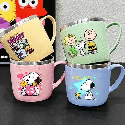 Taza Snoopys de acero inoxidable con asa plástica aislante — evita quemaduras. Portátil para café, té y agua, para casa y oficina, regalo