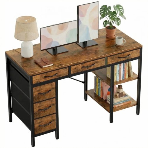 55-Zoll Computertisch mit 6 Schubladen und 2 offenen Fächern – Moderner Schreibtisch mit Stauraum für Arbeitszimmer/Schlafzimmer