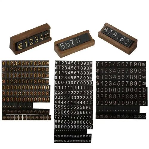 Cubos de madera mini para precios - bloques con números y símbolos de moneda (Dollar/RMB/Yuan), letras blancas/negro