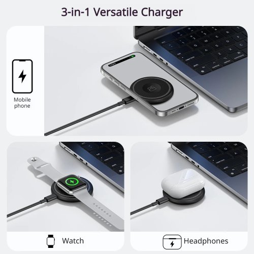 15W 3‑in‑1 折りたたみ式磁気ワイヤレス充電器 — 強力マグネットでスマホ・腕時計・イヤホンを同時充電