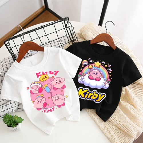 Playera infantil Kirbys de algodón, manga corta y cuello redondo con diseño de caricatura — para niño y niña