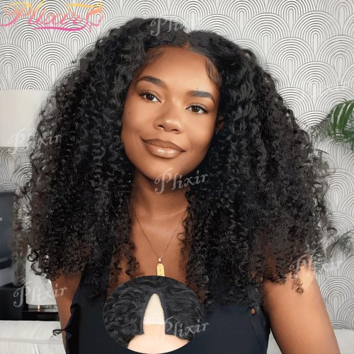 V-Part pruik van echt haar (Brazilian Deep Wave) — diepe krullen, geen leave-out nodig (geen eigen haar vrijlaten), lijmvrij