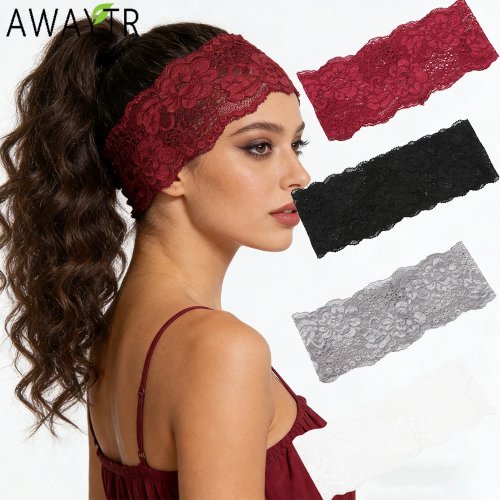 Diadema ancha elástica de tela con encaje y moño, color sólido — accesorio para cabello mujer para fiesta
