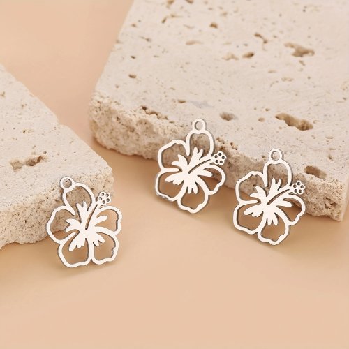 Bộ 3 mặt hoa dâm bụt rỗng bằng thép không gỉ 304, làm trang sức — charm dây chuyền, hoa tai, vòng tay, phụ kiện DIY