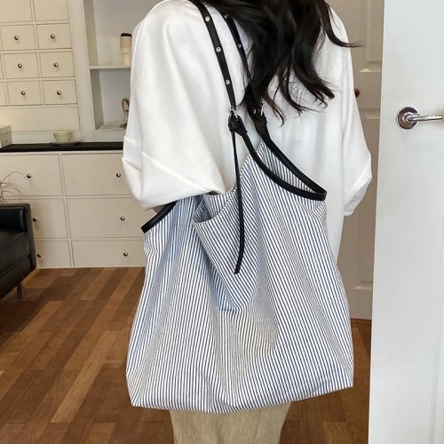 Tote kanvas motif garis kasual — Tas selempang ringan untuk wanita, tas belanja besar untuk pelajar