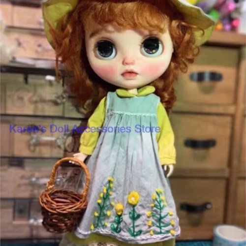 Bộ 3 món thêu tay phong cách đồng quê (mũ + áo ghile + váy) cho búp bê Blythe — phù hợp với Lulu, ymy24, Ob22/24/26, zone, Jenny