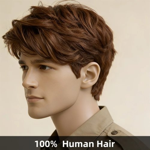 Perruque courte lisse avec frange 15 cm, 100% cheveux humains, brun avec mèches, entièrement confectionnée à la machine, haute qualité pour homme