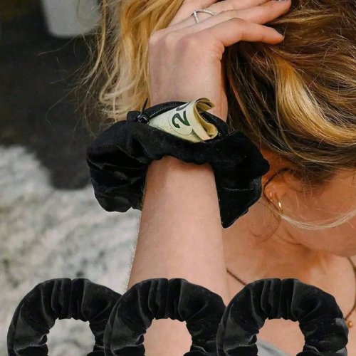 Coletero tipo scrunchie con bolsillo de cremallera oculto — almacenamiento secreto para llaves, dinero y joyas; bolsita discreta antirobo para viajar
