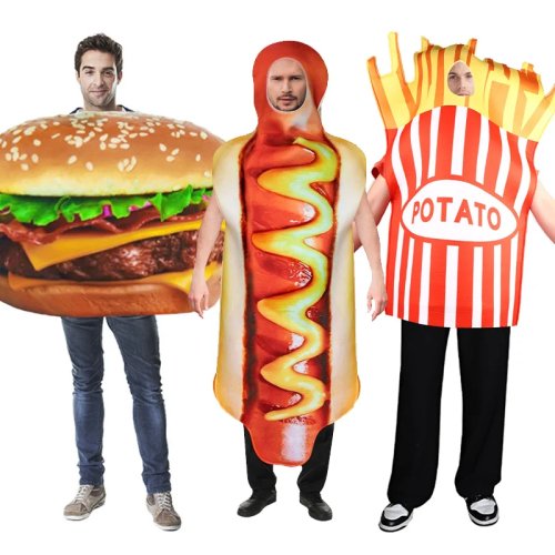 Déguisement adulte rigolo fast-food : saucisse, frites et burger — costume pour Halloween, carnaval, cosplay