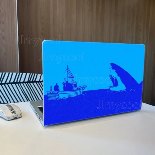 Retro blue shark & boat vinyl laptop skin — cuttable, removable protective notebook sticker