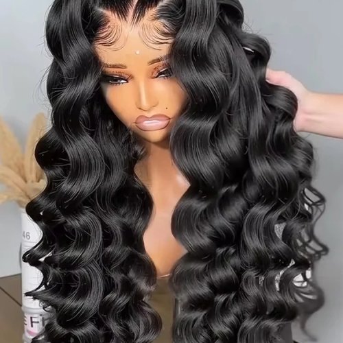Peluca Lace Front 13x4 HD transparente de cabello humano — sin pegamento, ondas sueltas profundas, frontal pre-picado (pre-plucked), estilo rizado elegante
