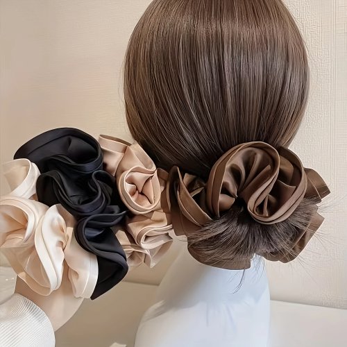 Set 4 coleteros satín retro con borde ondulado — scrunchies grandes de seda sintética, suaves para la piel, liga para coletas, accesorios para mujer
