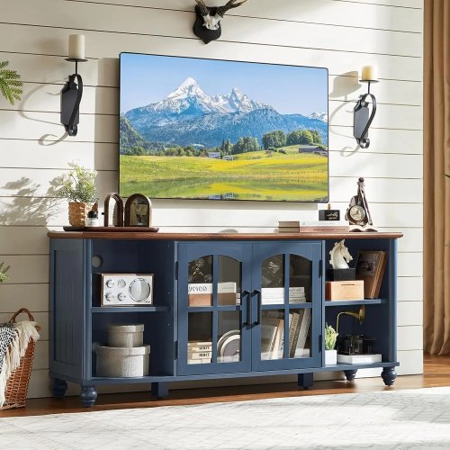 Mueble TV estilo farmhouse para TV de 60 pulgadas – Centro de entretenimiento de madera con estantes ajustables y armario con puerta de cristal