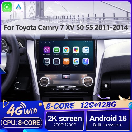 เครื่องเล่นรถยนต์ 10'' Android 16 สำหรับ Toyota Camry XV50/XV55 (2011-2014) — หน้าจอ 2K, บลูทูธ, CarPlay ไร้สาย & Android Auto, GPS, Wi‑Fi 5G