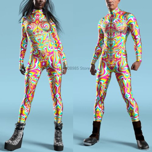 Costume Dopamin — combinaison moulante sexy à imprimé 3D géométrique abstrait et arc-en-ciel, pour carnaval, fête ou cosplay