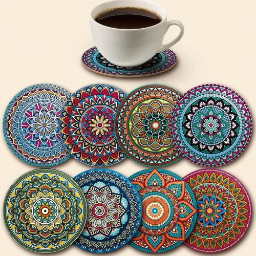Set 8 sottobicchieri in legno con motivo mandala, 10 x 10 cm — Perfetto per feste, bar e ufficio