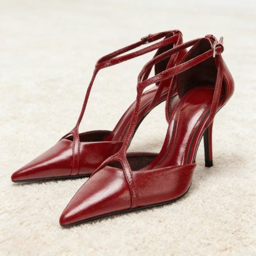 Pointed Toe T‑Strap Patent Leather High Heels — Ankle‑Buckle Evening Pumps for Women