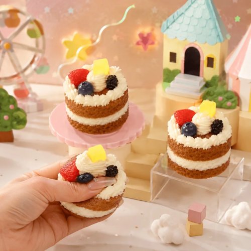 Squishy torta caramello cioccolato e fragola — giocattolo morbido da spremere, antistress a forma di dessert, tascabile