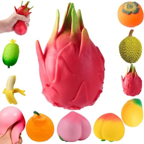Squishy owocowy antystresowy – miękka gniotka do ściskania (pitaja, brzoskwinia, pomarańcza, durian, mango, banan, truskawka) do domu i biura