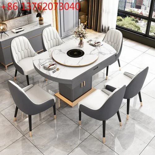 Set tavolo da pranzo allungabile in stile nordico con sedie — piano in pietra, convertibile quadrato/rotondo, design retrattile e multifunzione