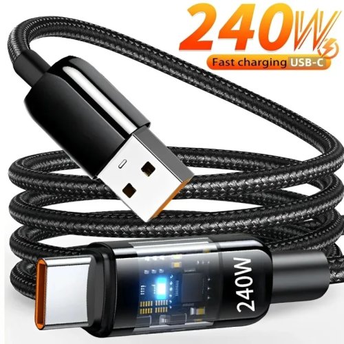 สายชาร์จเร็ว 240W USB-A เป็น USB-C QC 3.0 พร้อมจอ LED — รองรับ Samsung, Xiaomi, Huawei, OPPO — สายชาร์จและสายข้อมูล