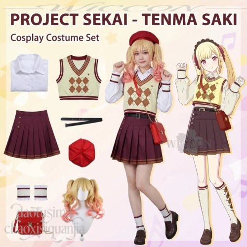 Trang phục cosplay Tenma Saki – váy mini vàng kiểu áo vest JK kèm mũ đỏ và túi, phong cách kawaii, Project Sekai, dùng cho Halloween