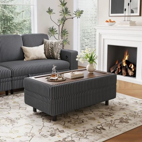 Banco otomano com arrumação para sofá seccional/sofá-cama, conversível em mesa de centro, estofamento em corduroy macio, apoio de pés, cinzento — sala, quarto, entrada