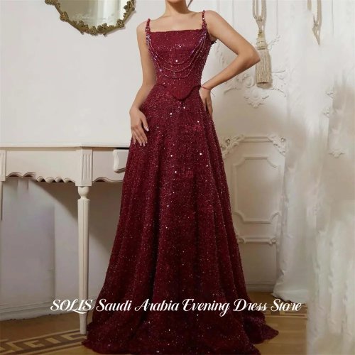 SOLIS Abendkleid in Burgunder mit Pailletten, Spaghettiträgern, A-Linie – Ball-, Gala- und Partykleid, dezenter Schnitt, Maßanfertigung möglich