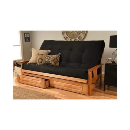 Queen futon sofa bed set with mattress and storage drawers — wooden foldable frame