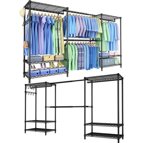 Stender portaabiti a 2 livelli, robusto, asta appendiabiti regolabile e ripiani, nero, set 2 pezzi