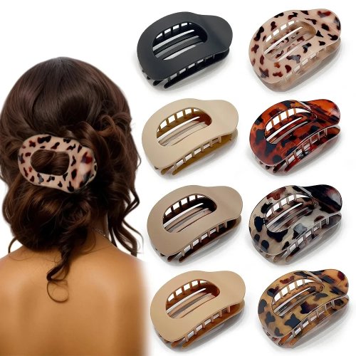 Jepit rambut oval matte motif macan tutul, klem akrilik datar melengkung untuk wanita